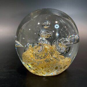 Vintage Glass Paperweight Clear Controlled Bubbles Gold Flecks 4"x4"x4" Da Vinci